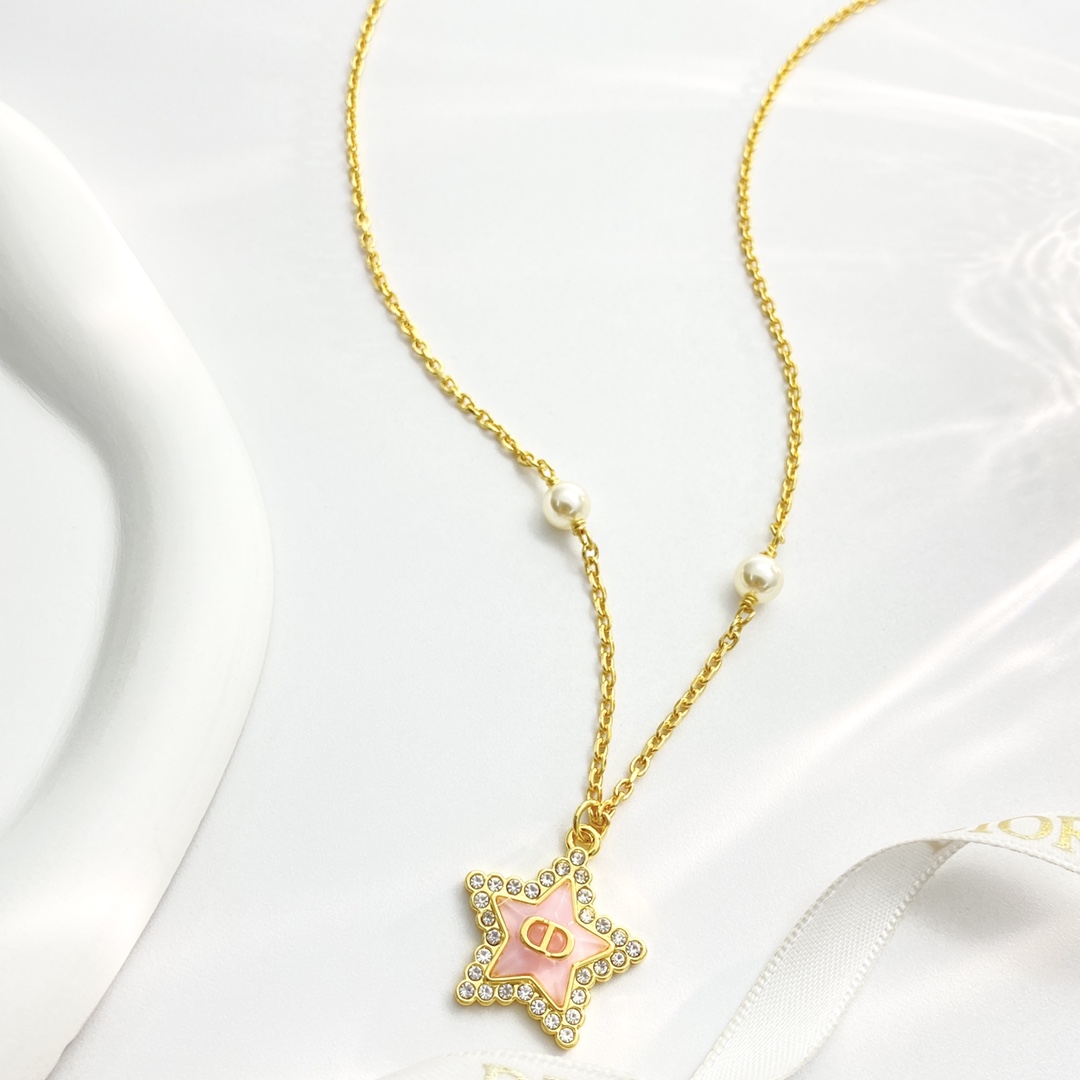 Dior Petit CD Star Pearl Necklace N1173 necklace gold-tone metal pink enamel clear crystal white faux pearl 42cm with 5cm extender chain