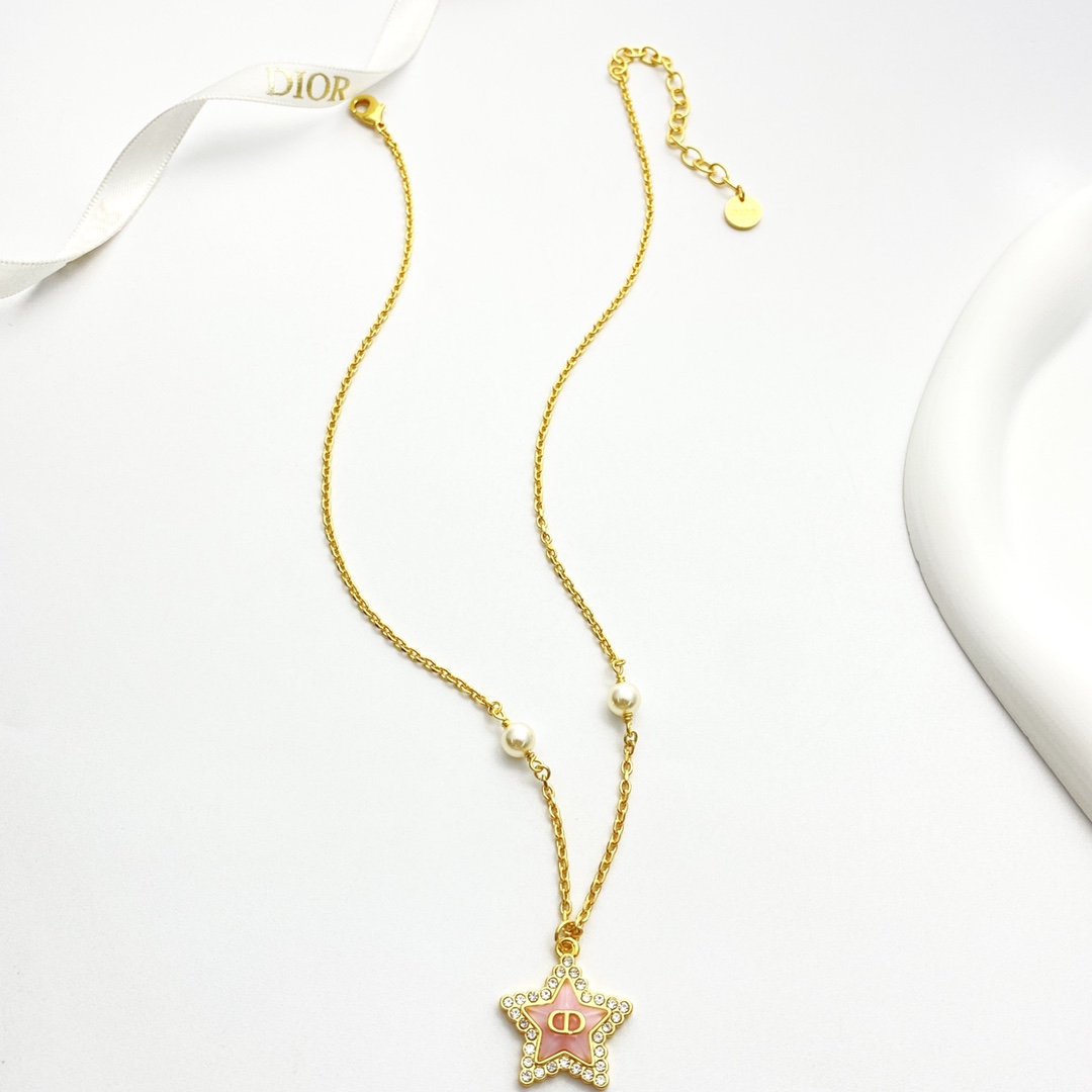 Dior Petit CD Star Pearl Necklace N1173 necklace gold-tone metal pink enamel clear crystal white faux pearl 42cm with 5cm extender chain