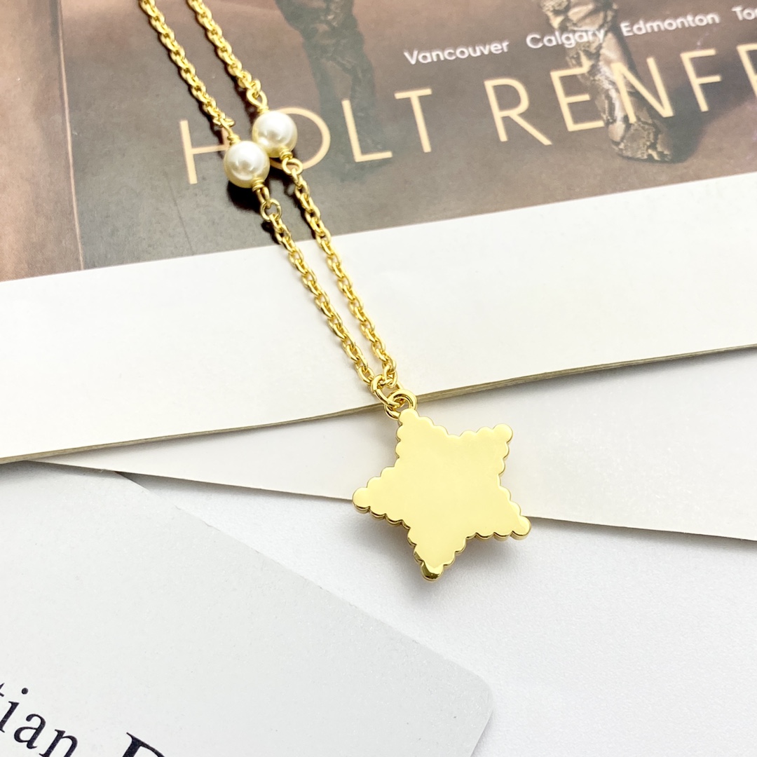 Dior Petit CD Star Pearl Necklace N1173 necklace gold-tone metal pink enamel clear crystal white faux pearl 42cm with 5cm extender chain