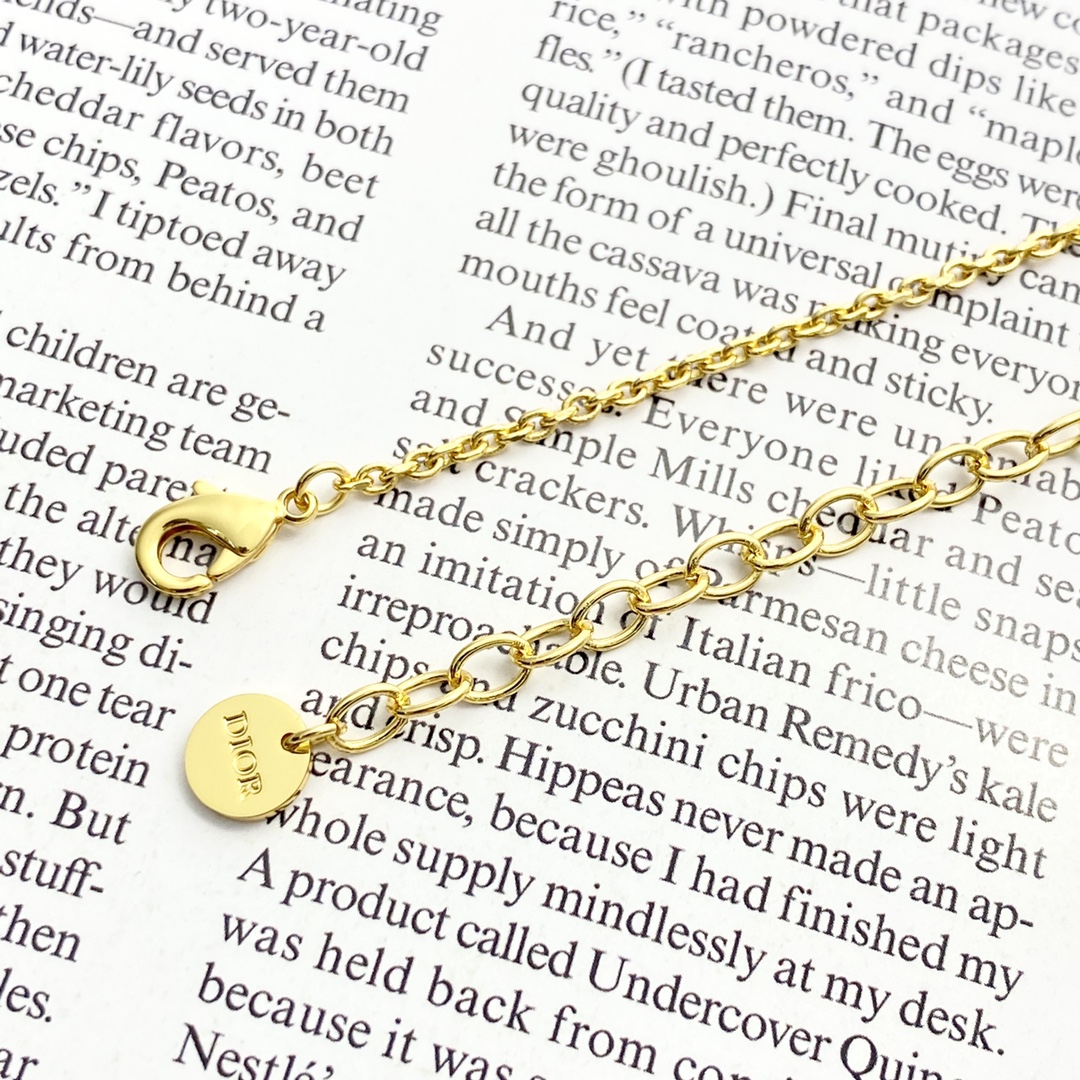 Dior Petit CD Star Pearl Necklace N1173 necklace gold-tone metal pink enamel clear crystal white faux pearl 42cm with 5cm extender chain
