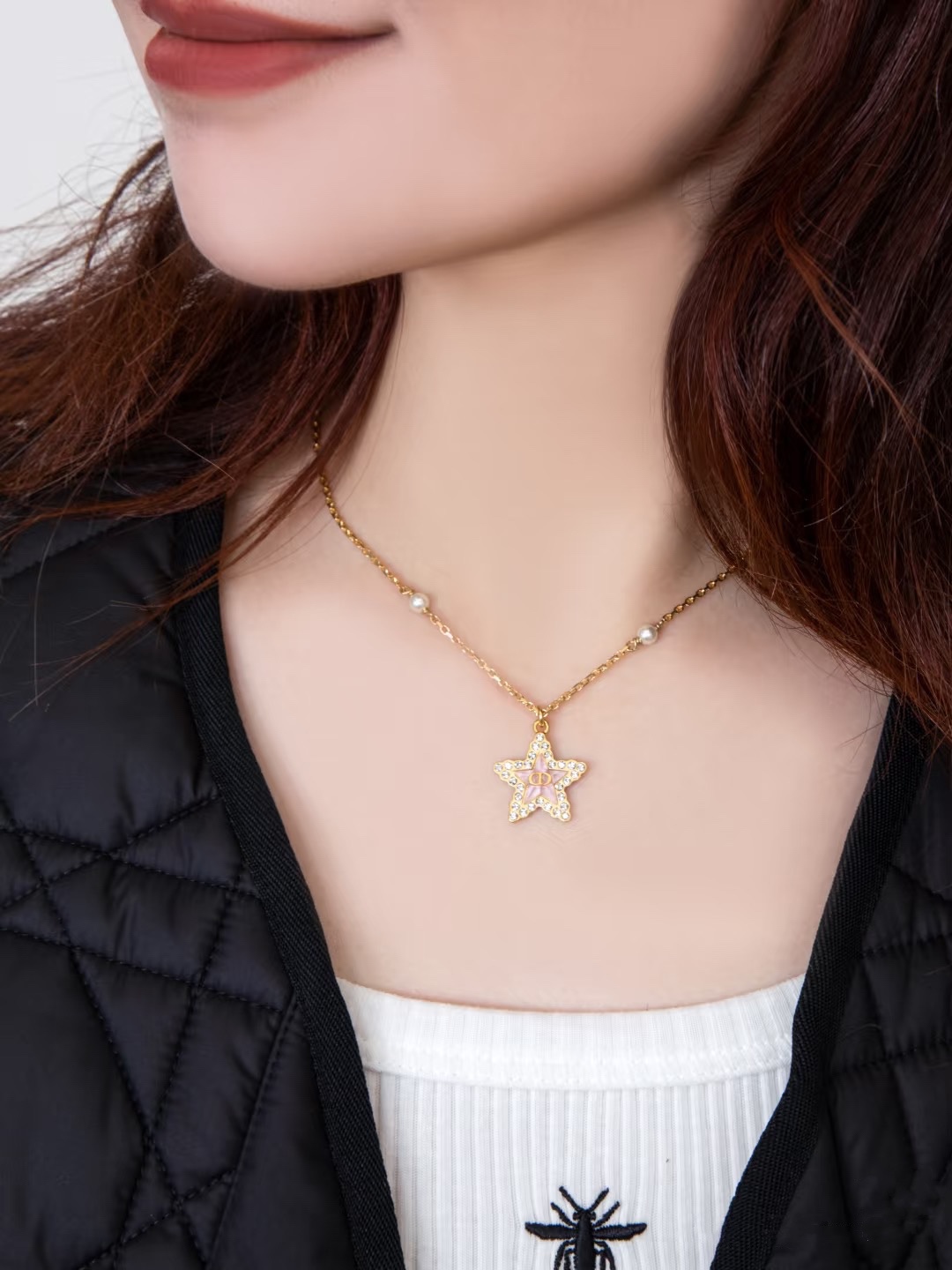 Dior Petit CD Star Pearl Necklace N1173 necklace gold-tone metal pink enamel clear crystal white faux pearl 42cm with 5cm extender chain