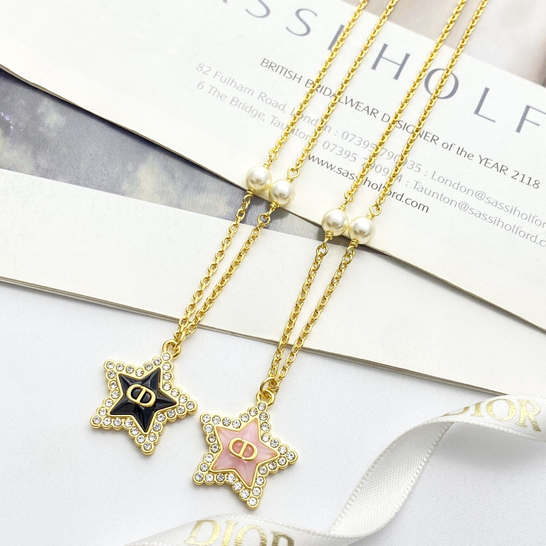 Dior Petit CD Star Pearl Necklace N1173 necklace gold-tone metal pink enamel clear crystal white faux pearl 42cm with 5cm extender chain