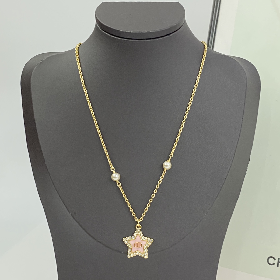 Dior Petit CD Star Pearl Necklace N1173 necklace gold-tone metal pink enamel clear crystal white faux pearl 42cm with 5cm extender chain