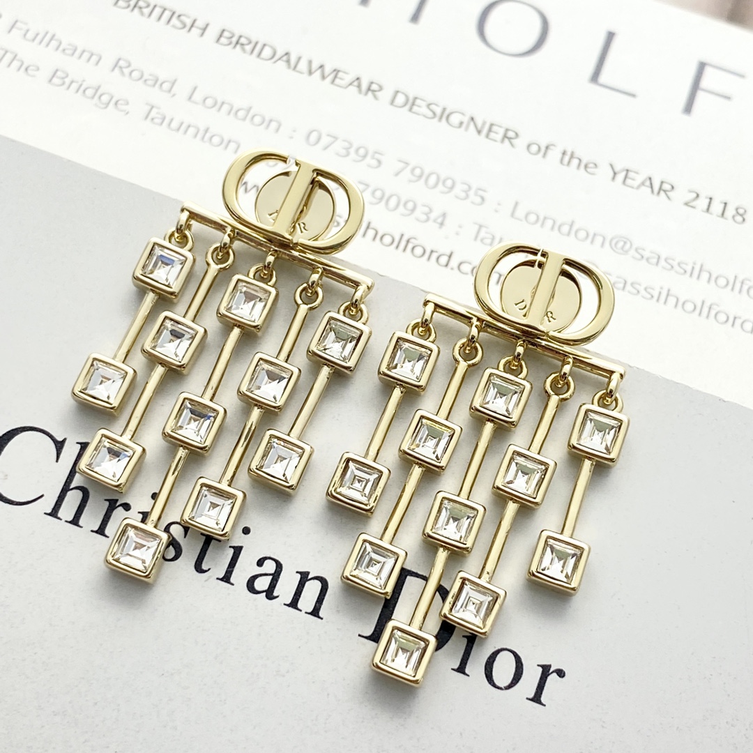 Dior Petit CD Crystal Fringe Earrings earrings gold-tone metal with clear square-cut crystals 4 5cm drop length