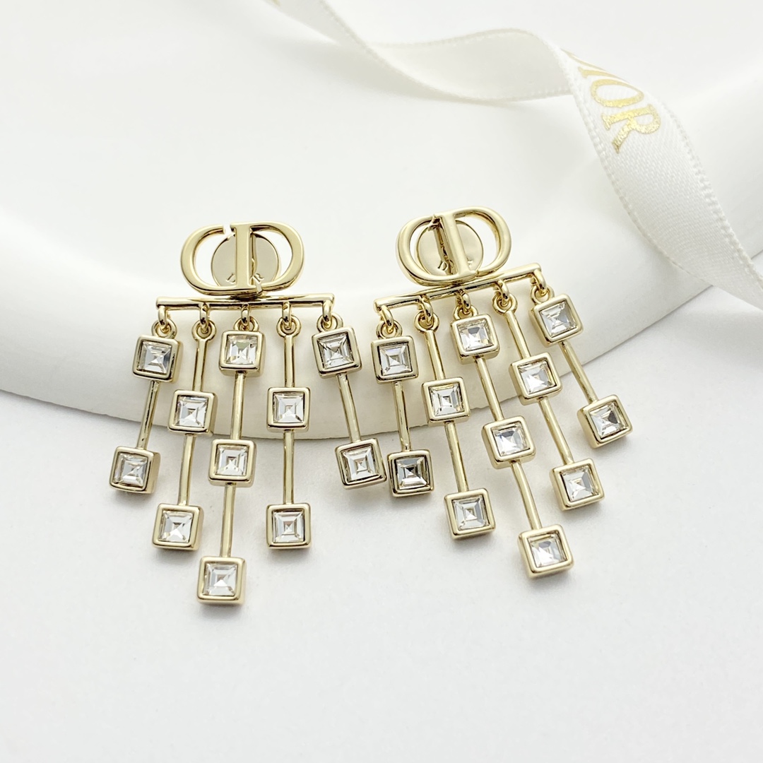 Dior Petit CD Crystal Fringe Earrings earrings gold-tone metal with clear square-cut crystals 4 5cm drop length