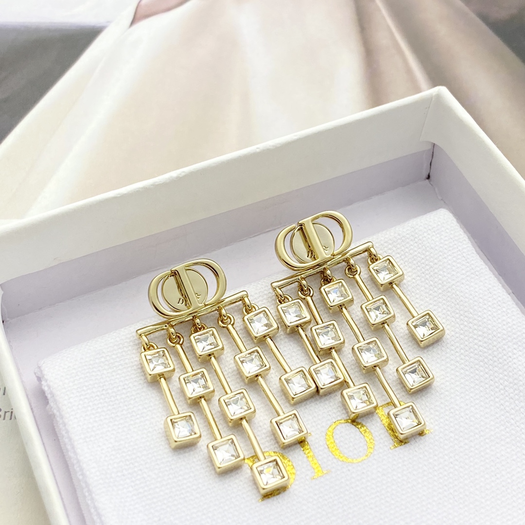 Dior Petit CD Crystal Fringe Earrings earrings gold-tone metal with clear square-cut crystals 4 5cm drop length