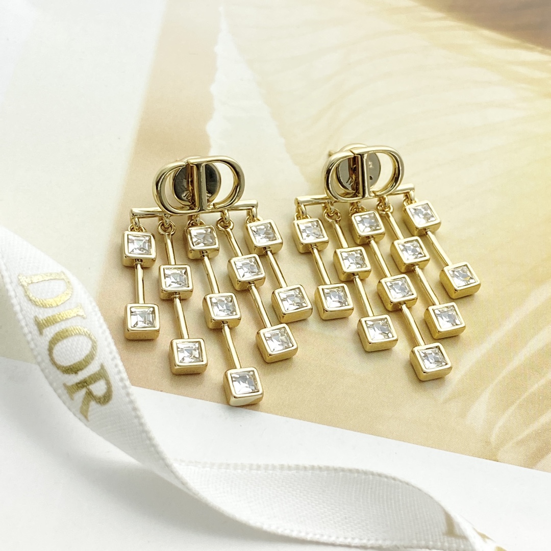 Dior Petit CD Crystal Fringe Earrings earrings gold-tone metal with clear square-cut crystals 4 5cm drop length
