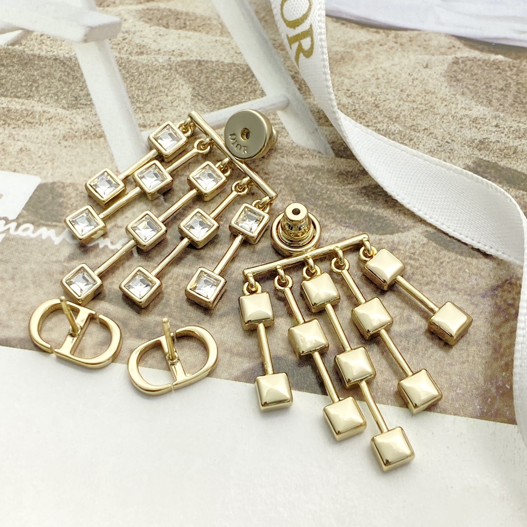 Dior Petit CD Crystal Fringe Earrings earrings gold-tone metal with clear square-cut crystals 4 5cm drop length