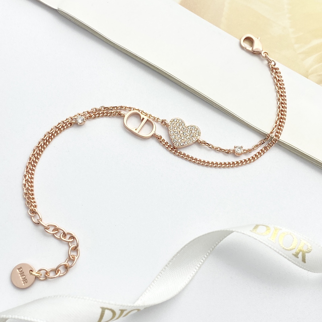 Dior CD Heart Crystal Double Chain Bracelet bracelet Rose gold metal with clear crystal accents 17cm with 3cm extender