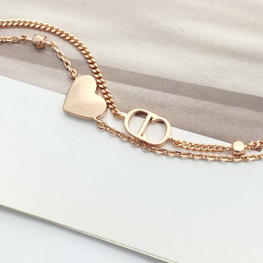 Dior CD Heart Crystal Double Chain Bracelet bracelet Rose gold metal with clear crystal accents 17cm with 3cm extender