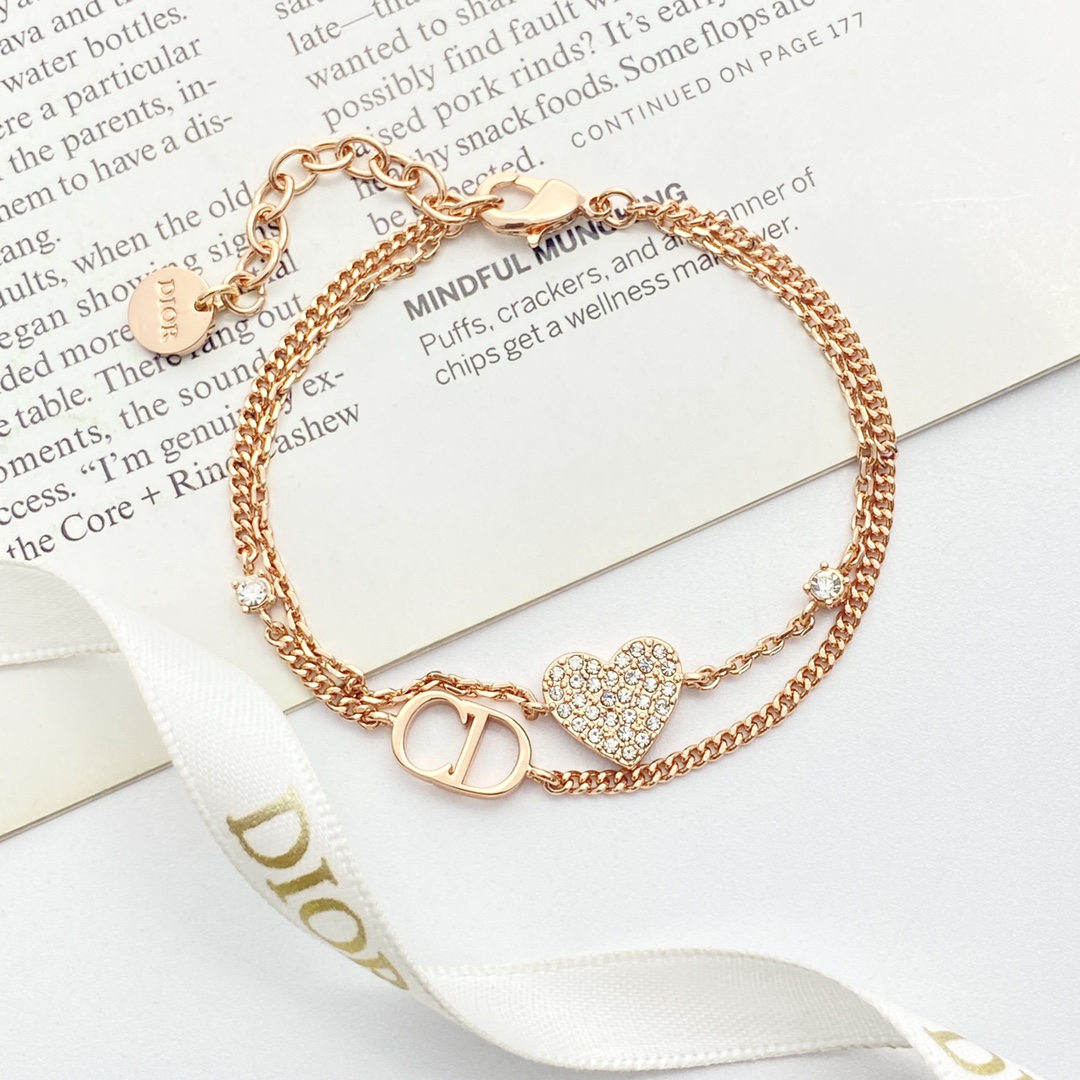 Dior CD Heart Crystal Double Chain Bracelet bracelet Rose gold metal with clear crystal accents 17cm with 3cm extender
