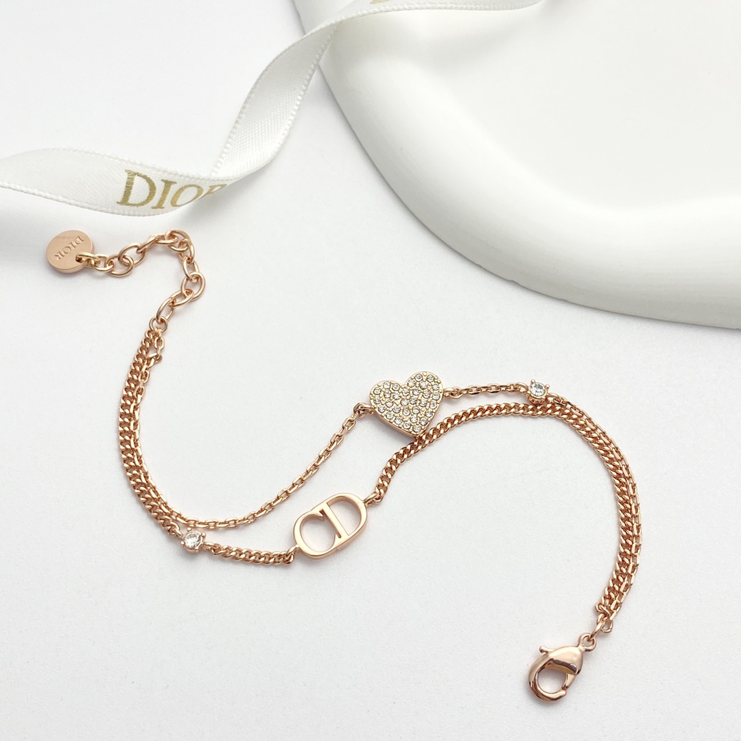 Dior CD Heart Crystal Double Chain Bracelet bracelet Rose gold metal with clear crystal accents 17cm with 3cm extender