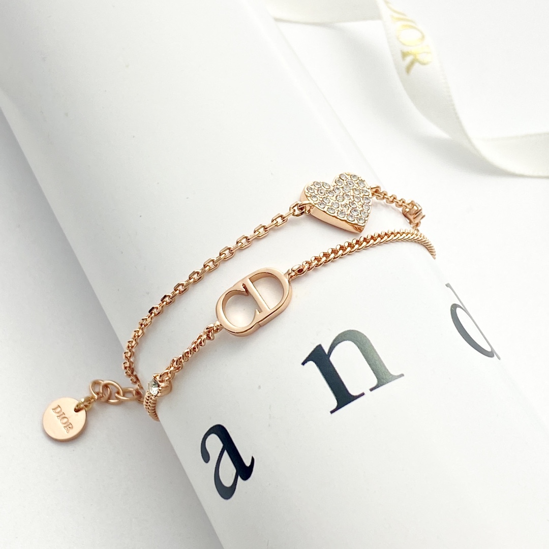 Dior CD Heart Crystal Double Chain Bracelet bracelet Rose gold metal with clear crystal accents 17cm with 3cm extender