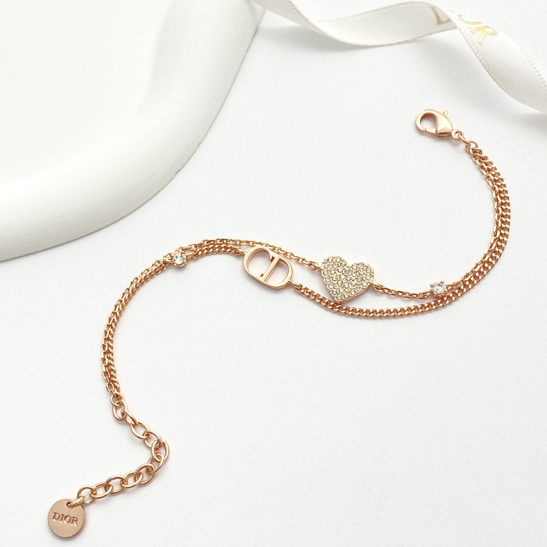 Dior CD Heart Crystal Double Chain Bracelet bracelet Rose gold metal with clear crystal accents 17cm with 3cm extender