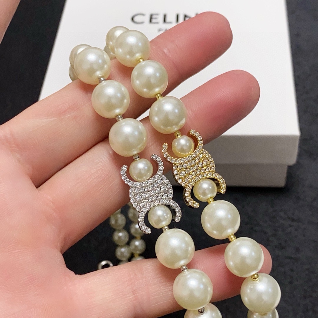 Celine Triomphe Pearl Choker necklace silver-tone metal cream white faux pearl clear crystal 40cm with 5cm extender