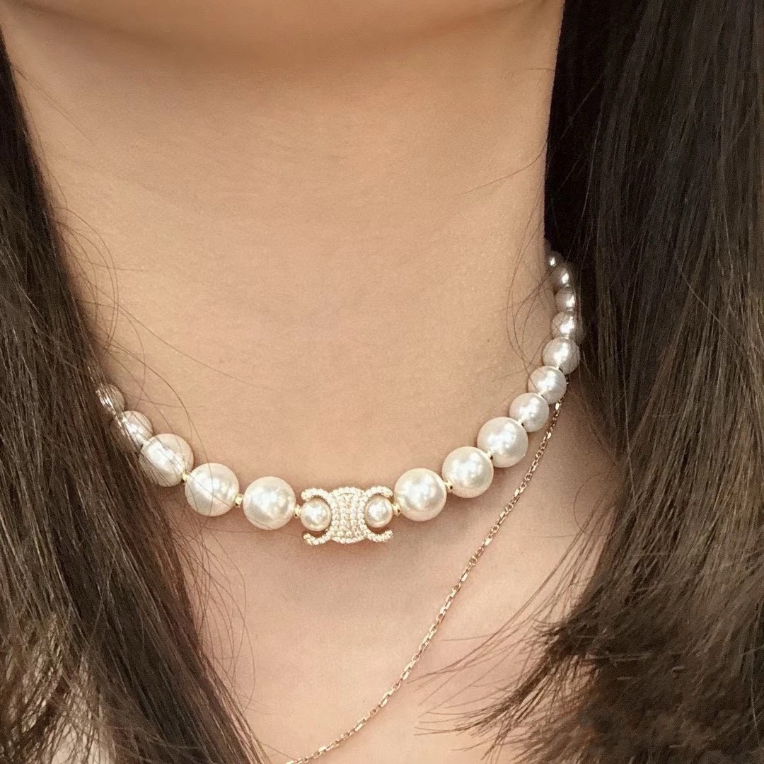 Celine Triomphe Pearl Choker necklace silver-tone metal cream white faux pearl clear crystal 40cm with 5cm extender