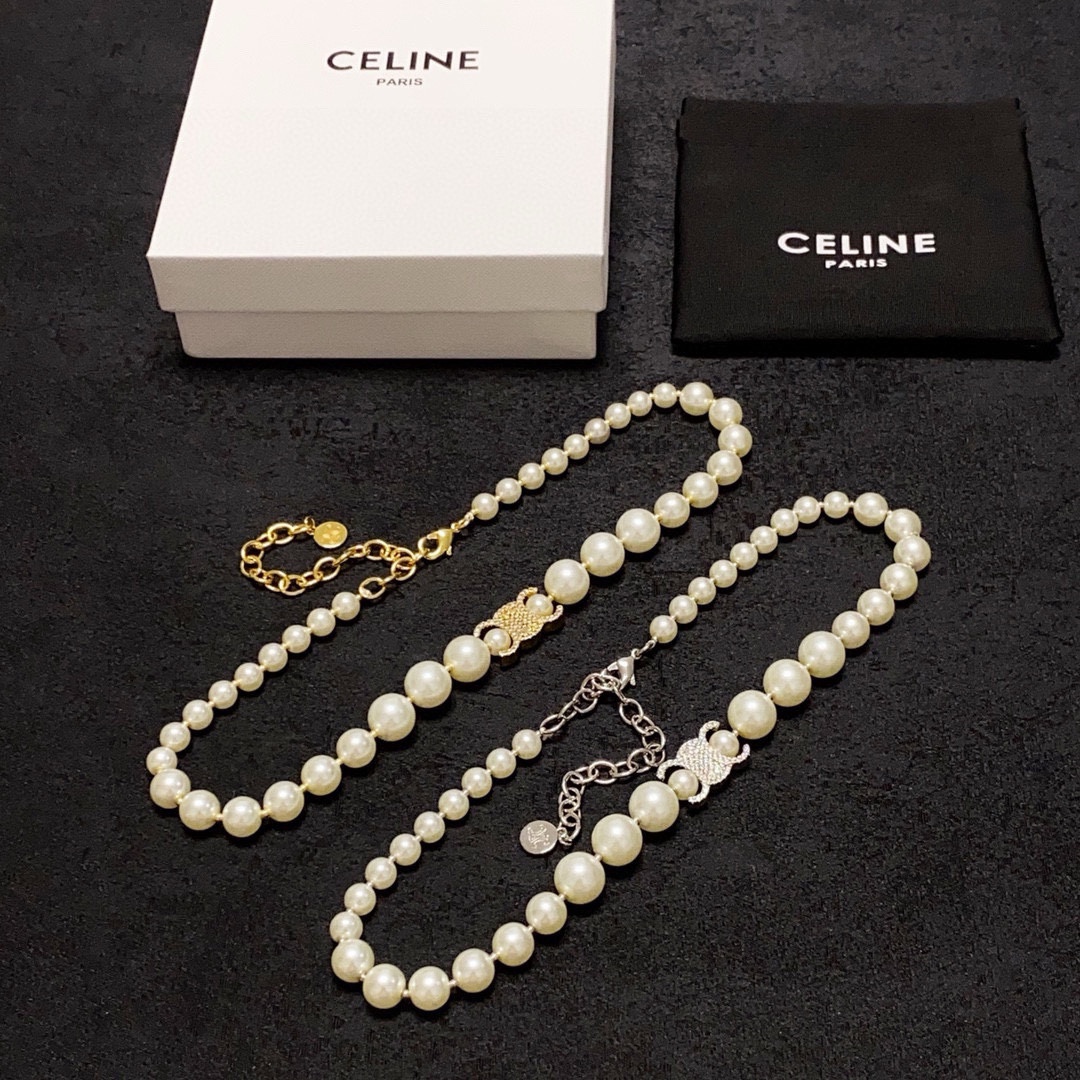 Celine Triomphe Pearl Choker necklace silver-tone metal cream white faux pearl clear crystal 40cm with 5cm extender