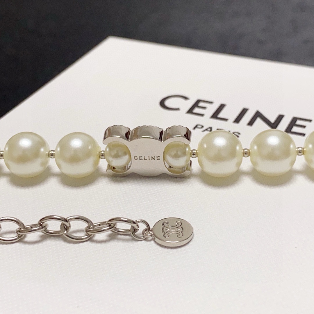 Celine Triomphe Pearl Choker necklace silver-tone metal cream white faux pearl clear crystal 40cm with 5cm extender