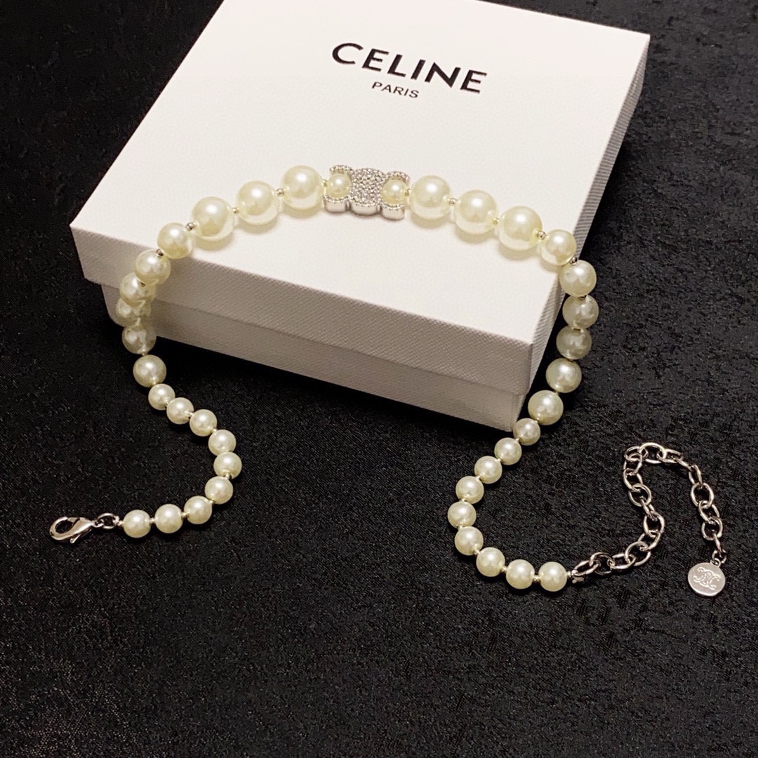 Celine Triomphe Pearl Choker necklace silver-tone metal cream white faux pearl clear crystal 40cm with 5cm extender