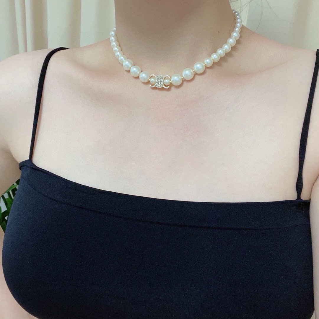 Celine Triomphe Pearl Choker necklace silver-tone metal cream white faux pearl clear crystal 40cm with 5cm extender