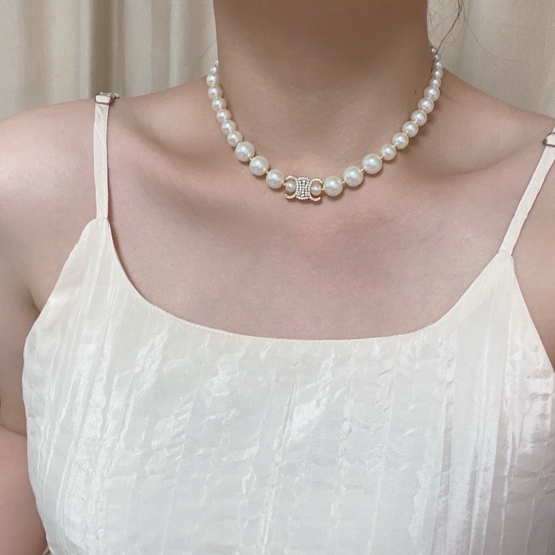 Celine Triomphe Pearl Choker necklace silver-tone metal cream white faux pearl clear crystal 40cm with 5cm extender