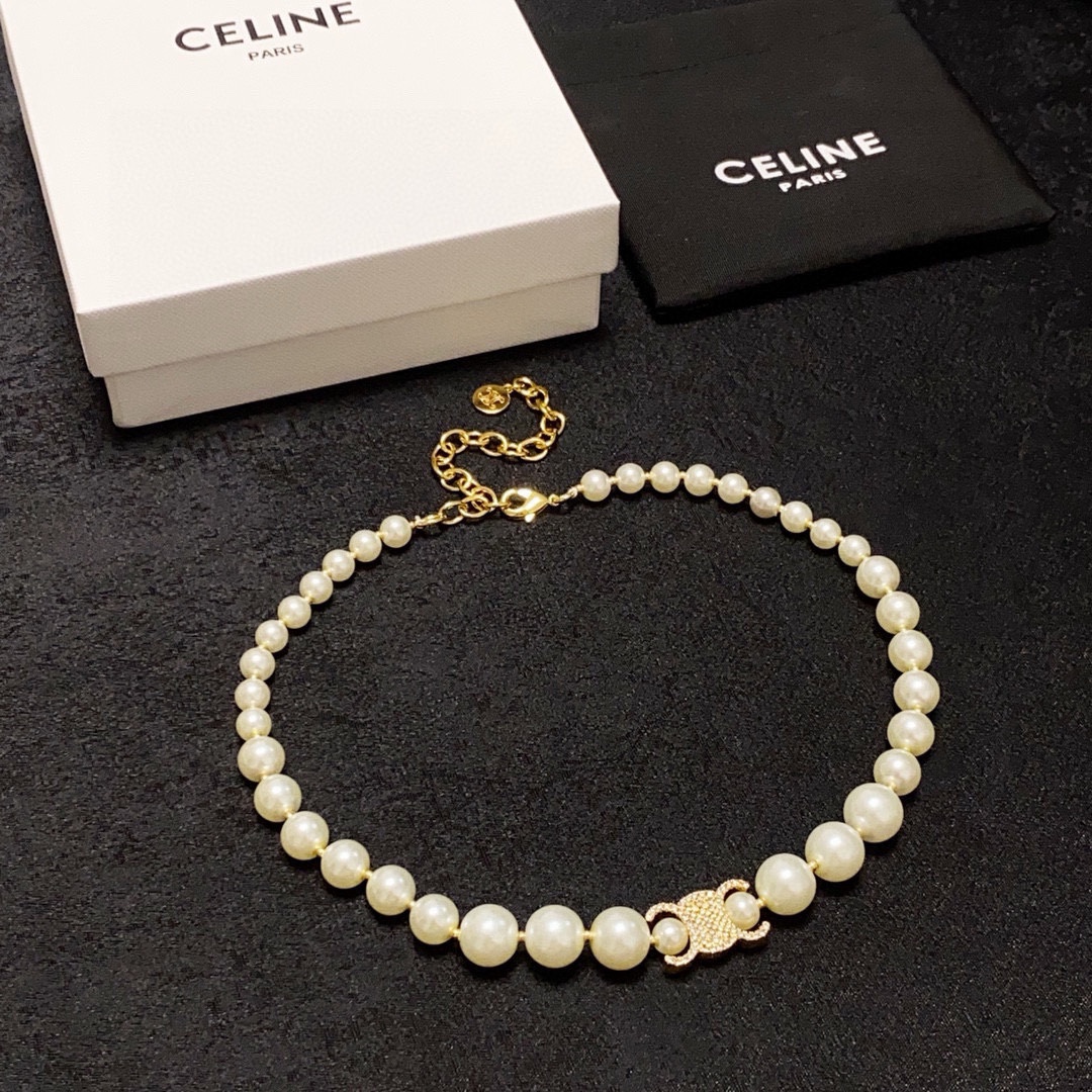 Celine Triomphe Pearl Choker necklace silver-tone metal cream white faux pearl clear crystal 40cm with 5cm extender