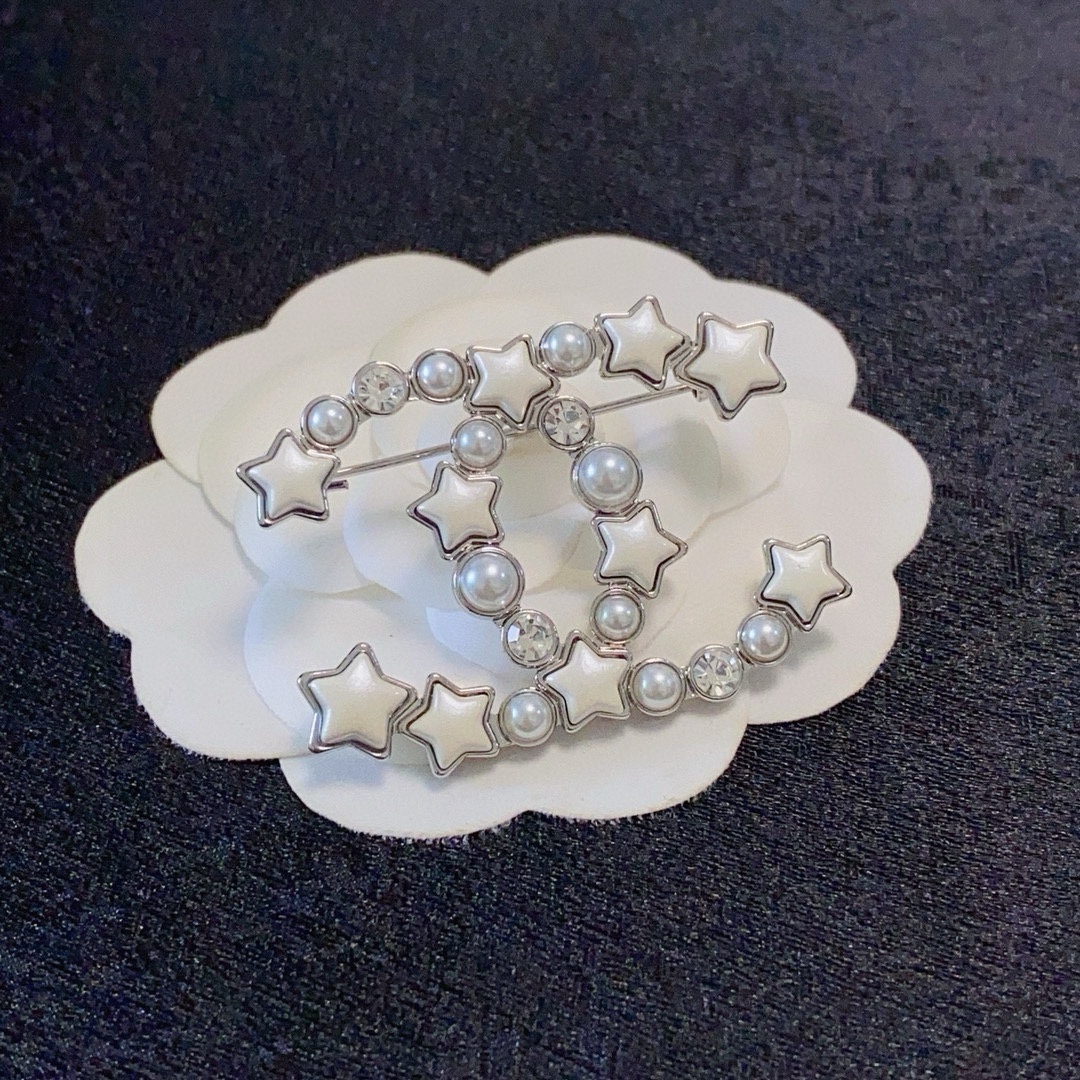 Chanel CC Star Pearl Crystal Brooch brooch gold-tone metal black enamel stars white faux pearls clear crystals 3 5cm width