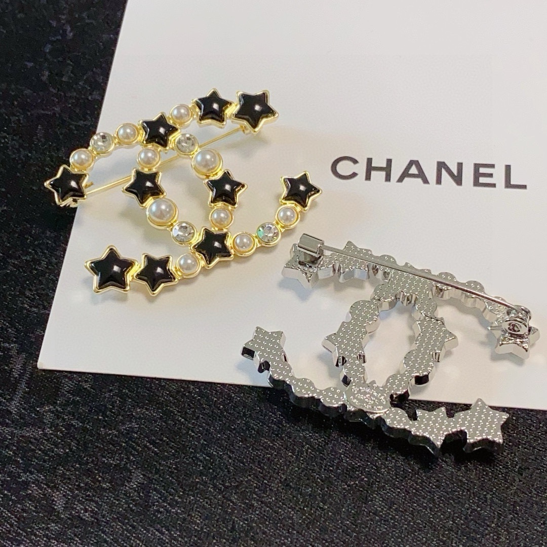 Chanel CC Star Pearl Crystal Brooch brooch gold-tone metal black enamel stars white faux pearls clear crystals 3 5cm width