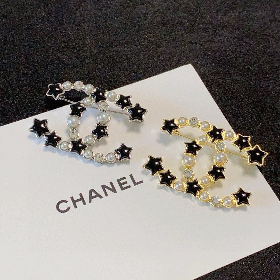 Chanel CC Star Pearl Crystal Brooch brooch gold-tone metal black enamel stars white faux pearls clear crystals 3 5cm width