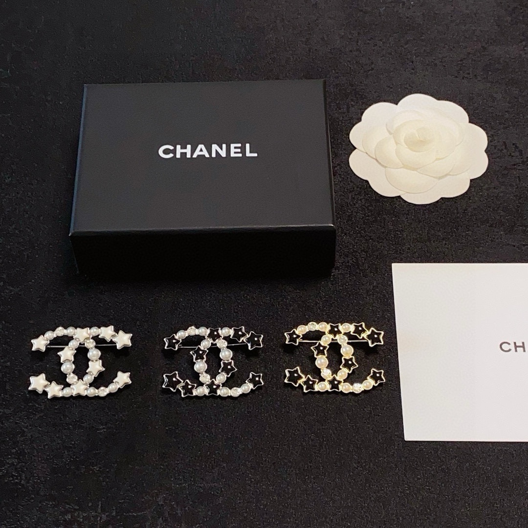 Chanel CC Star Pearl Crystal Brooch brooch gold-tone metal black enamel stars white faux pearls clear crystals 3 5cm width