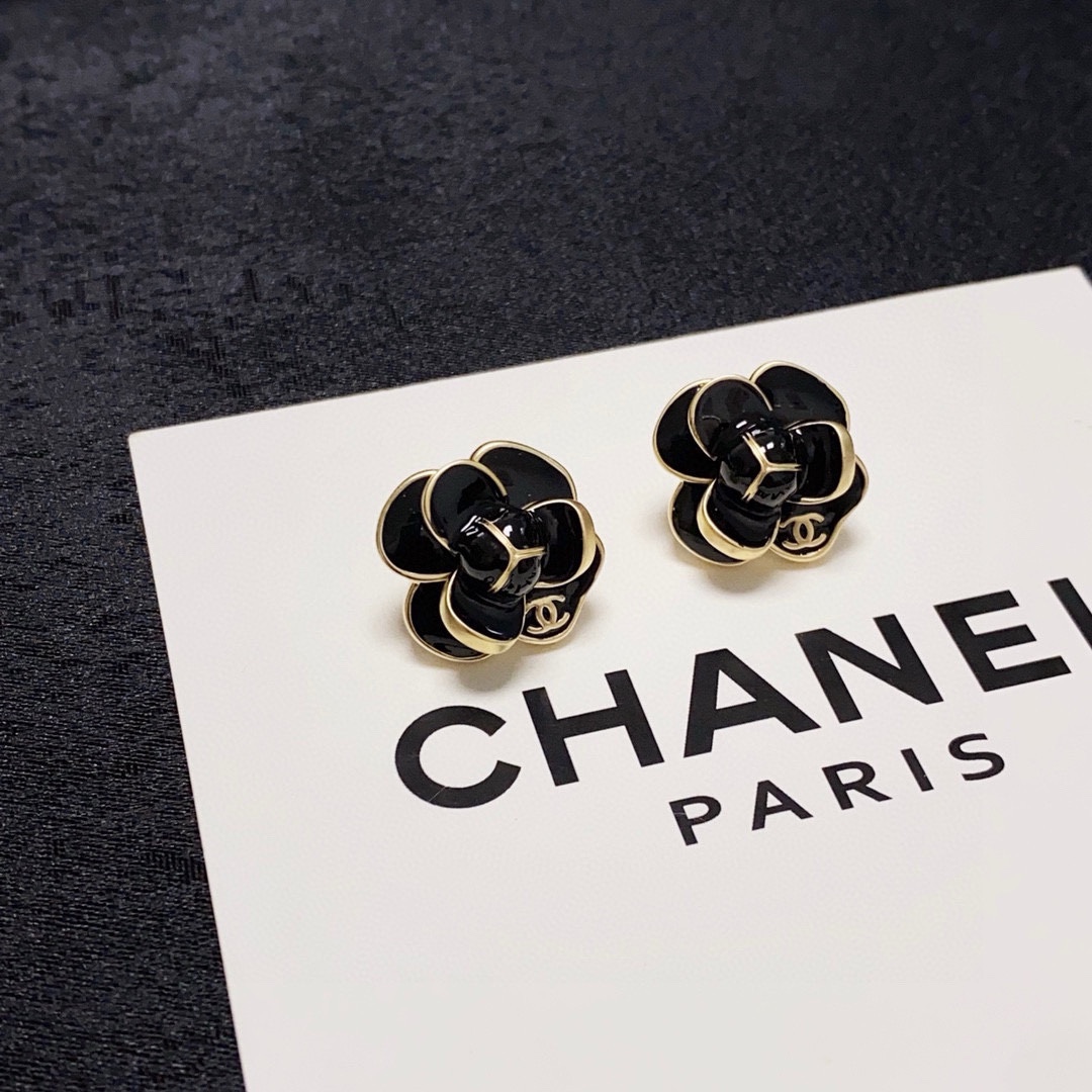 Chanel Camellia CC Stud Earrings earrings Gold-tone metal with pink white and black enamel camellia accents 1 5cm diameter