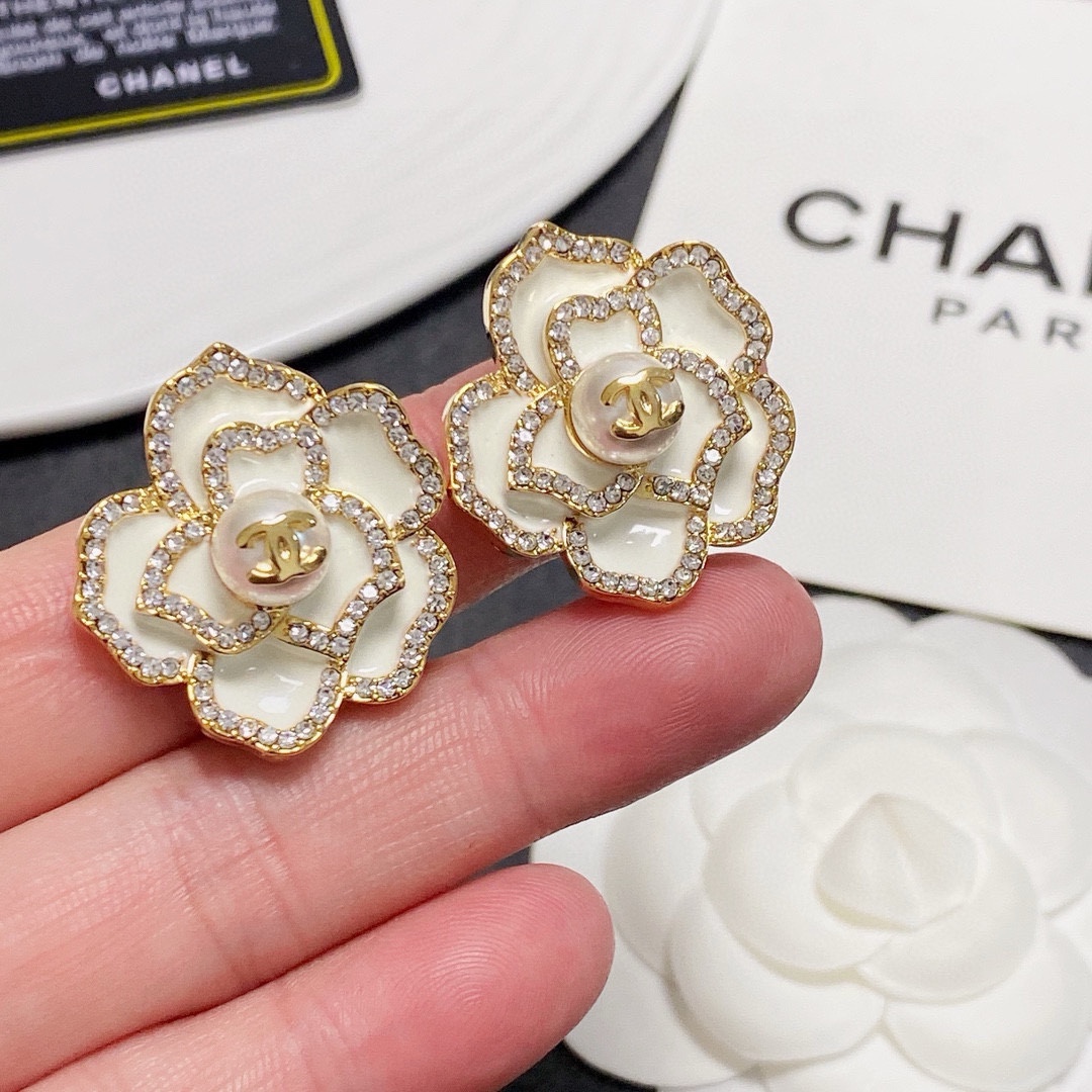 Chanel Camellia CC Stud Earrings earrings gold-tone metal white enamel clear crystals faux pearl 2 5cm diameter