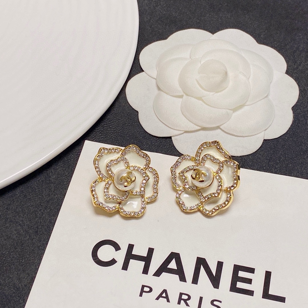 Chanel Camellia CC Stud Earrings earrings gold-tone metal white enamel clear crystals faux pearl 2 5cm diameter