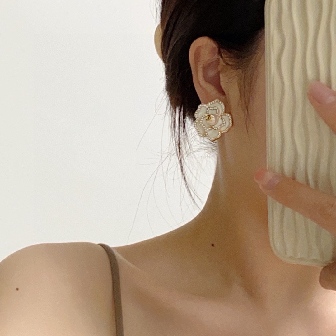 Chanel Camellia CC Stud Earrings earrings gold-tone metal white enamel clear crystals faux pearl 2 5cm diameter