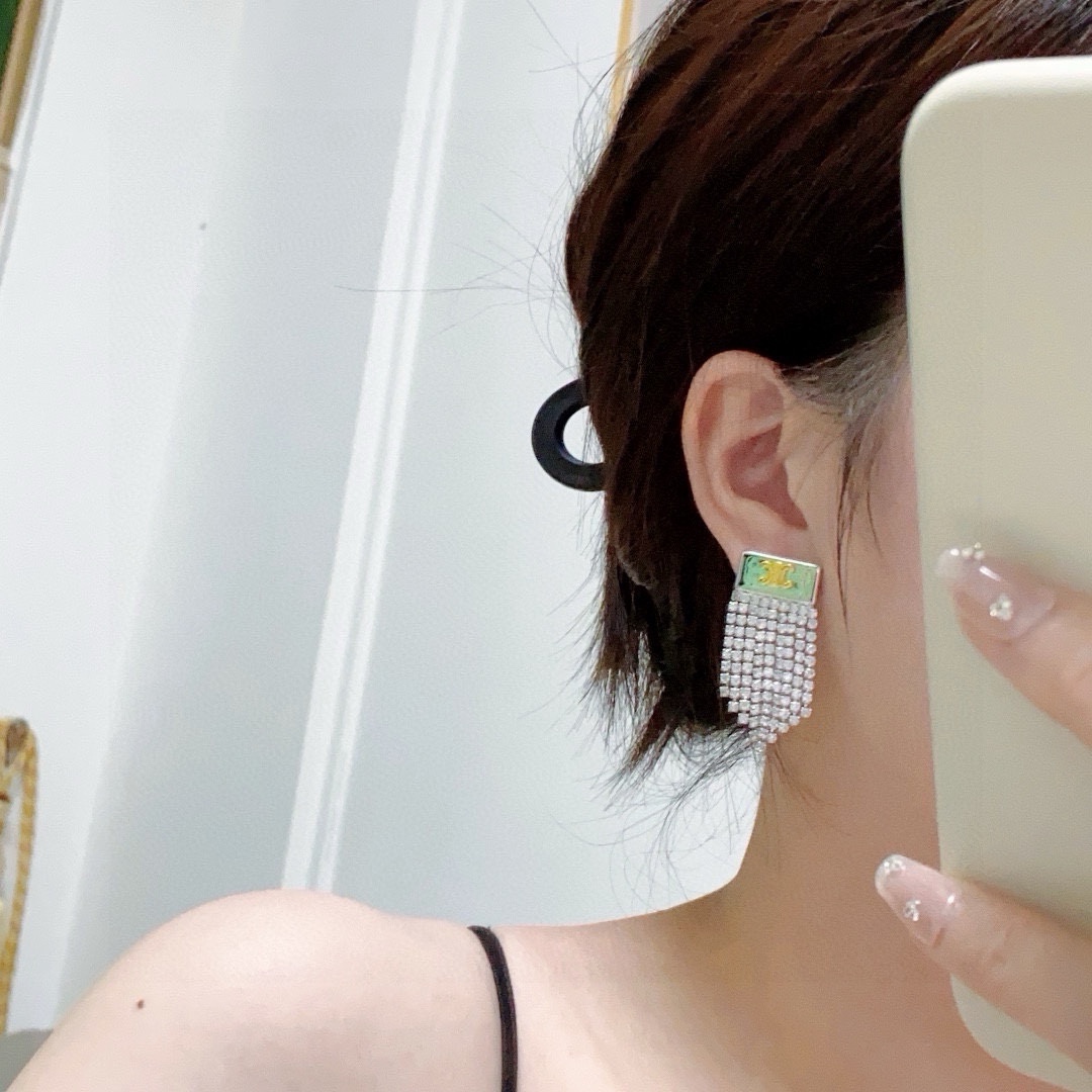 Celine Triomphe Crystal Fringe Earrings earrings silver-tone metal with gold-tone Triomphe logo clear crystal rhinestones 3 5cm drop length