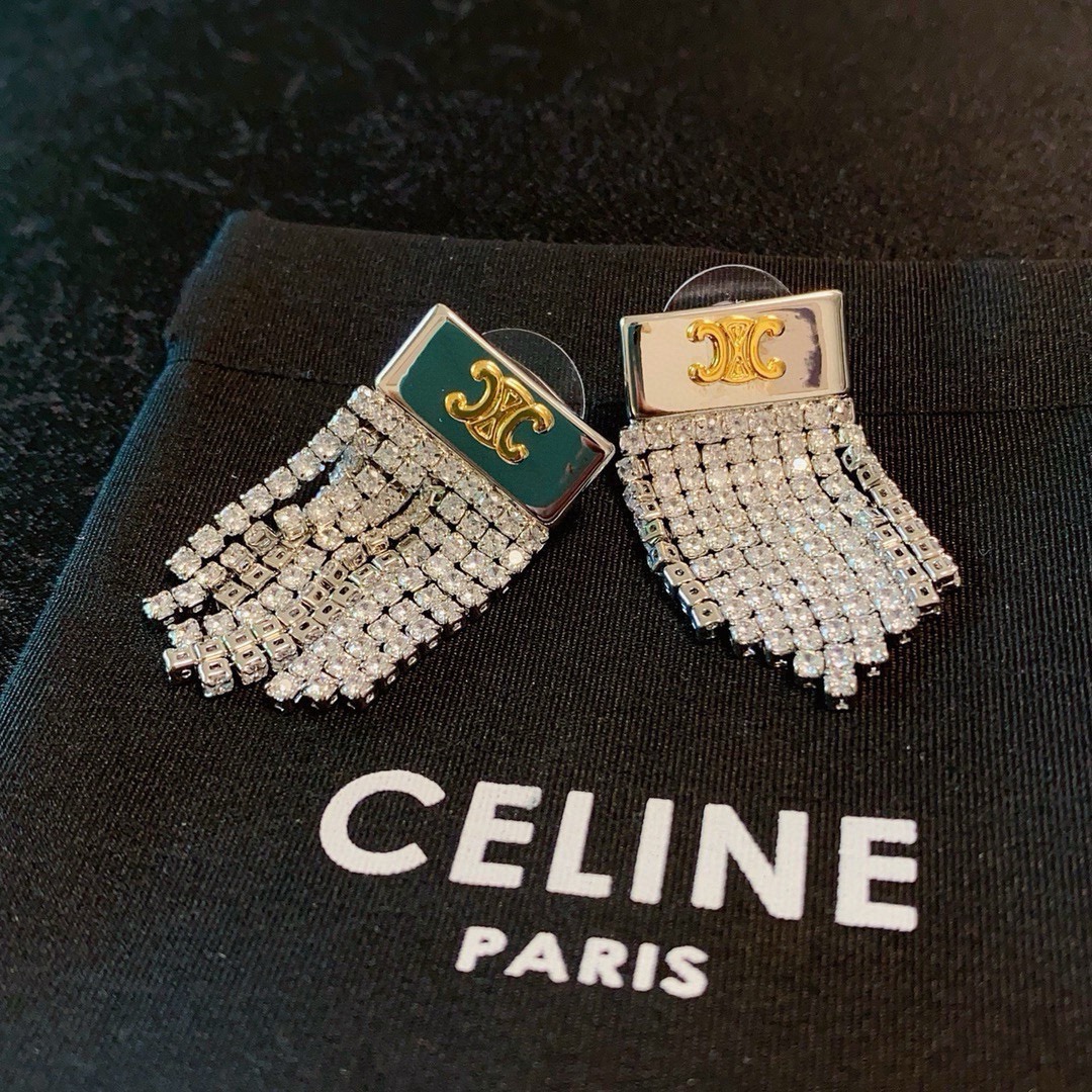 Celine Triomphe Crystal Fringe Earrings earrings silver-tone metal with gold-tone Triomphe logo clear crystal rhinestones 3 5cm drop length