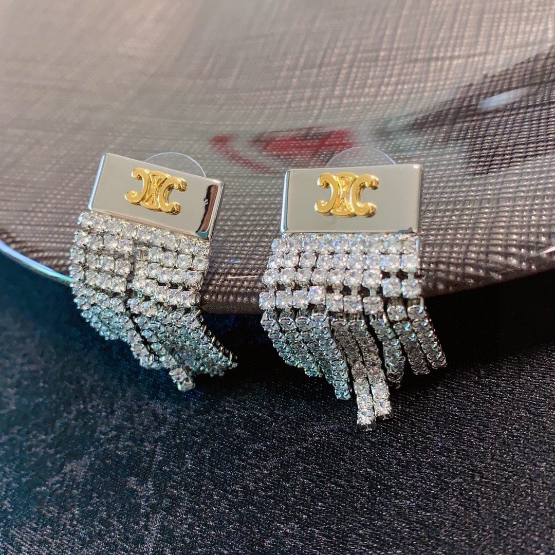 Celine Triomphe Crystal Fringe Earrings earrings silver-tone metal with gold-tone Triomphe logo clear crystal rhinestones 3 5cm drop length