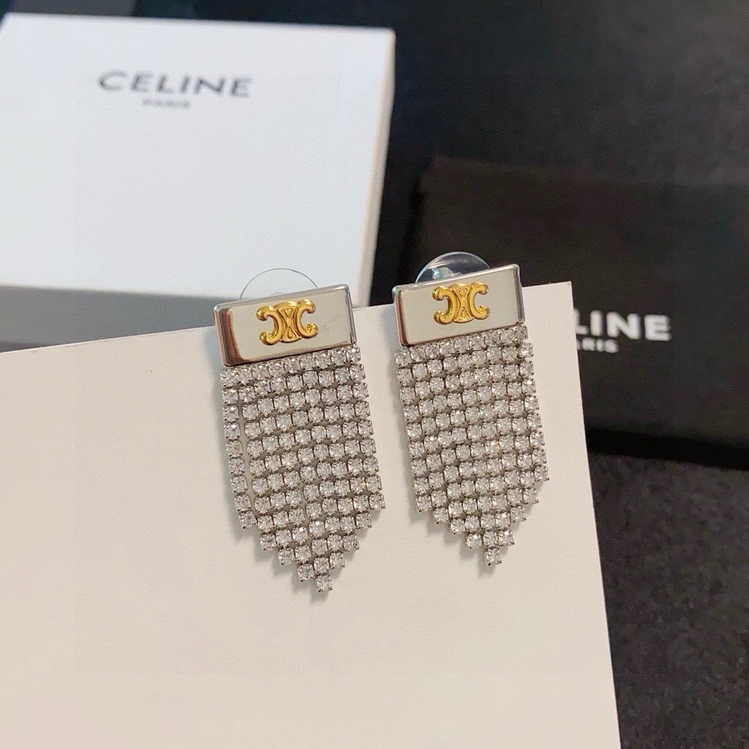 Celine Triomphe Crystal Fringe Earrings earrings silver-tone metal with gold-tone Triomphe logo clear crystal rhinestones 3 5cm drop length