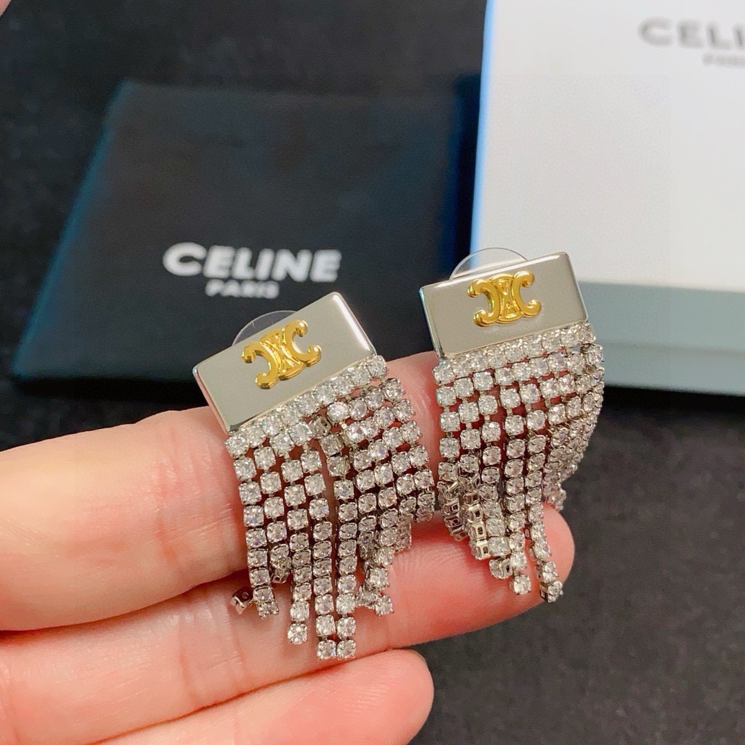Celine Triomphe Crystal Fringe Earrings earrings silver-tone metal with gold-tone Triomphe logo clear crystal rhinestones 3 5cm drop length