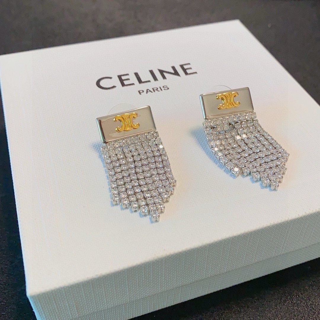 Celine Triomphe Crystal Fringe Earrings earrings silver-tone metal with gold-tone Triomphe logo clear crystal rhinestones 3 5cm drop length