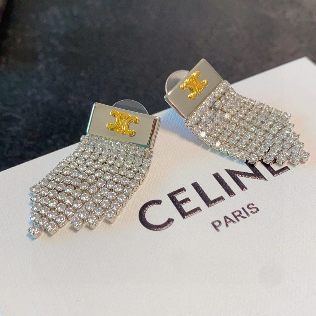 Celine Triomphe Crystal Fringe Earrings earrings silver-tone metal with gold-tone Triomphe logo clear crystal rhinestones 3 5cm drop length