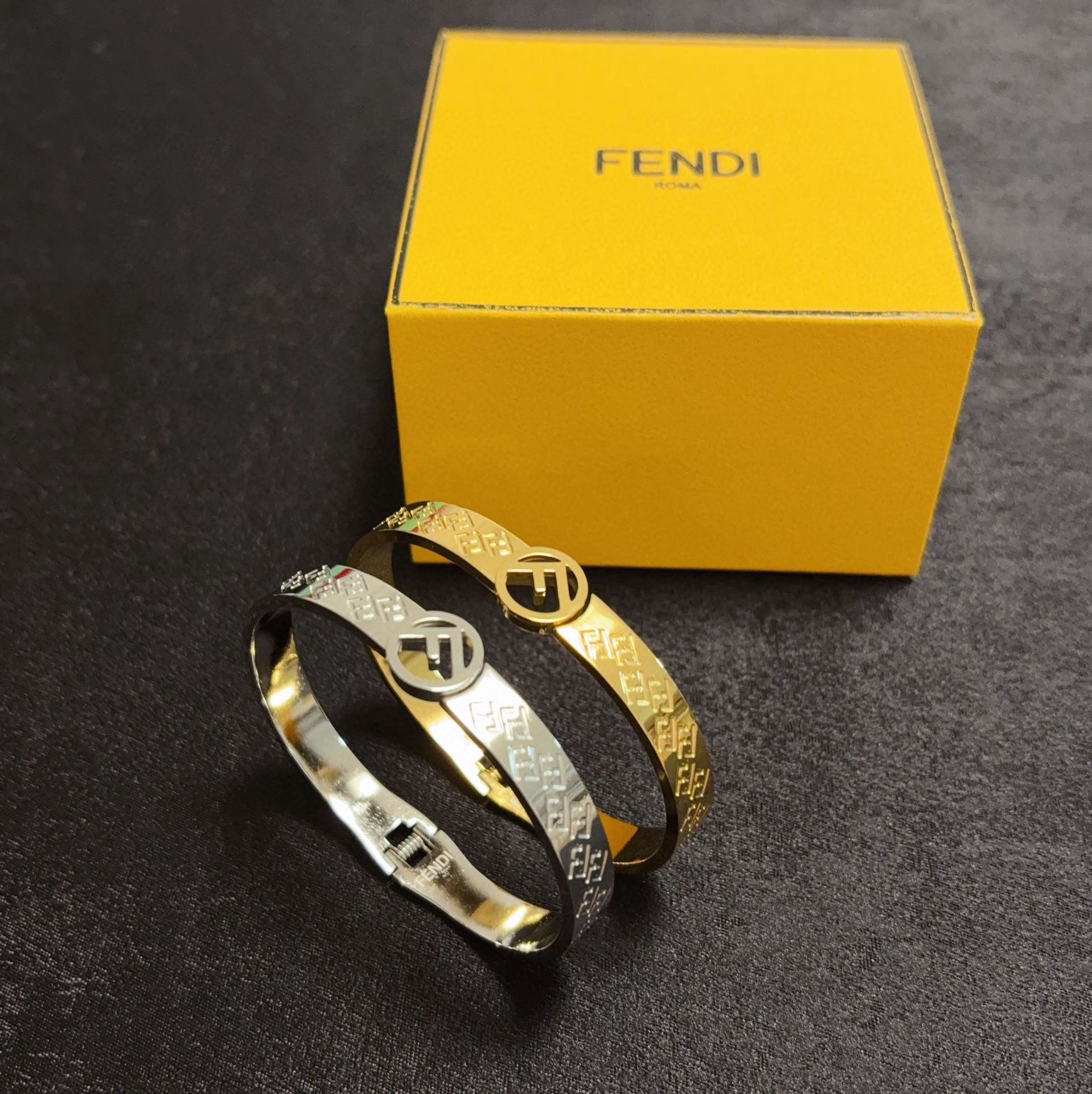 Fendi FF Logo Bangle bracelet Polished gold-tone metal no gemstones 17cm inner circumference