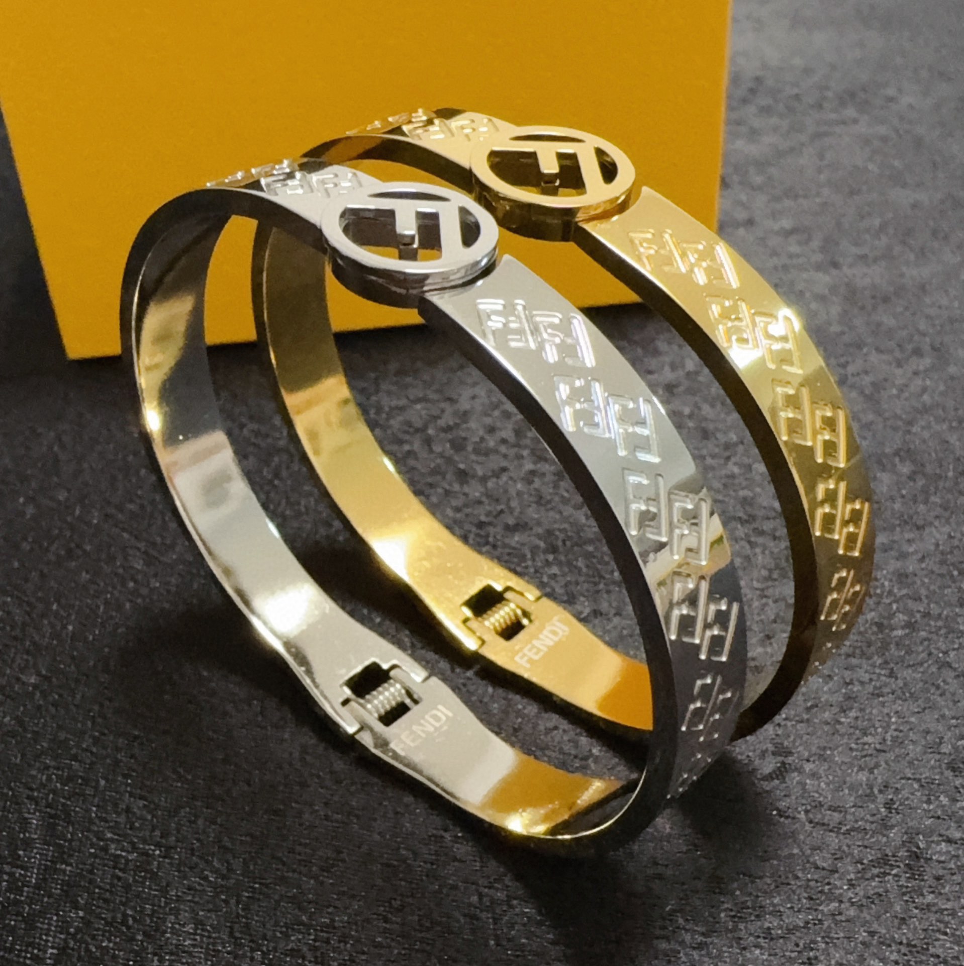 Fendi FF Logo Bangle bracelet Polished gold-tone metal no gemstones 17cm inner circumference