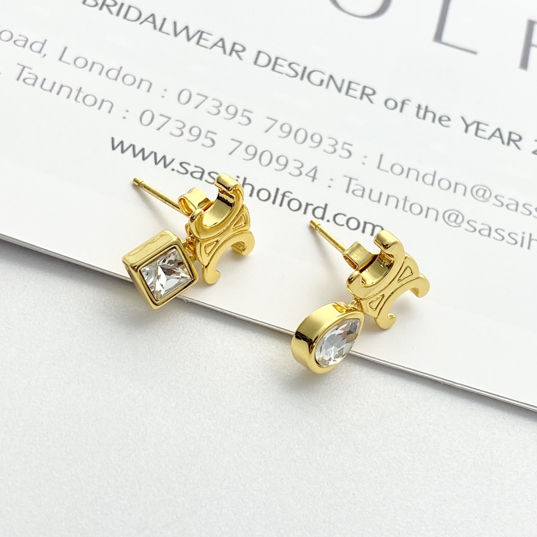 Celine Triomphe Asymmetric Crystal Stud Earrings earrings Gold-tone metal with clear faceted crystals One Size 1cm stud width