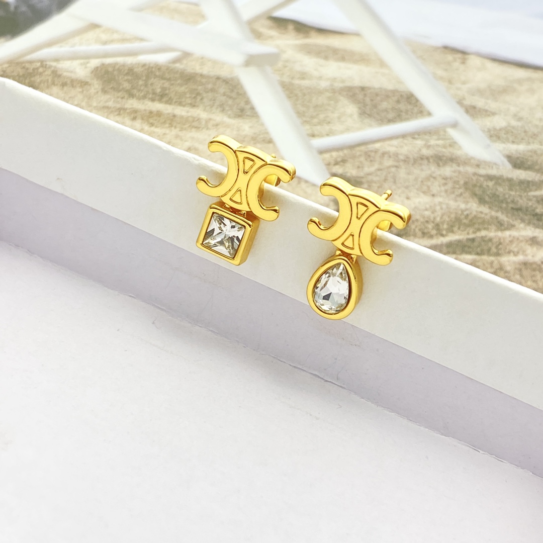 Celine Triomphe Asymmetric Crystal Stud Earrings earrings Gold-tone metal with clear faceted crystals One Size 1cm stud width