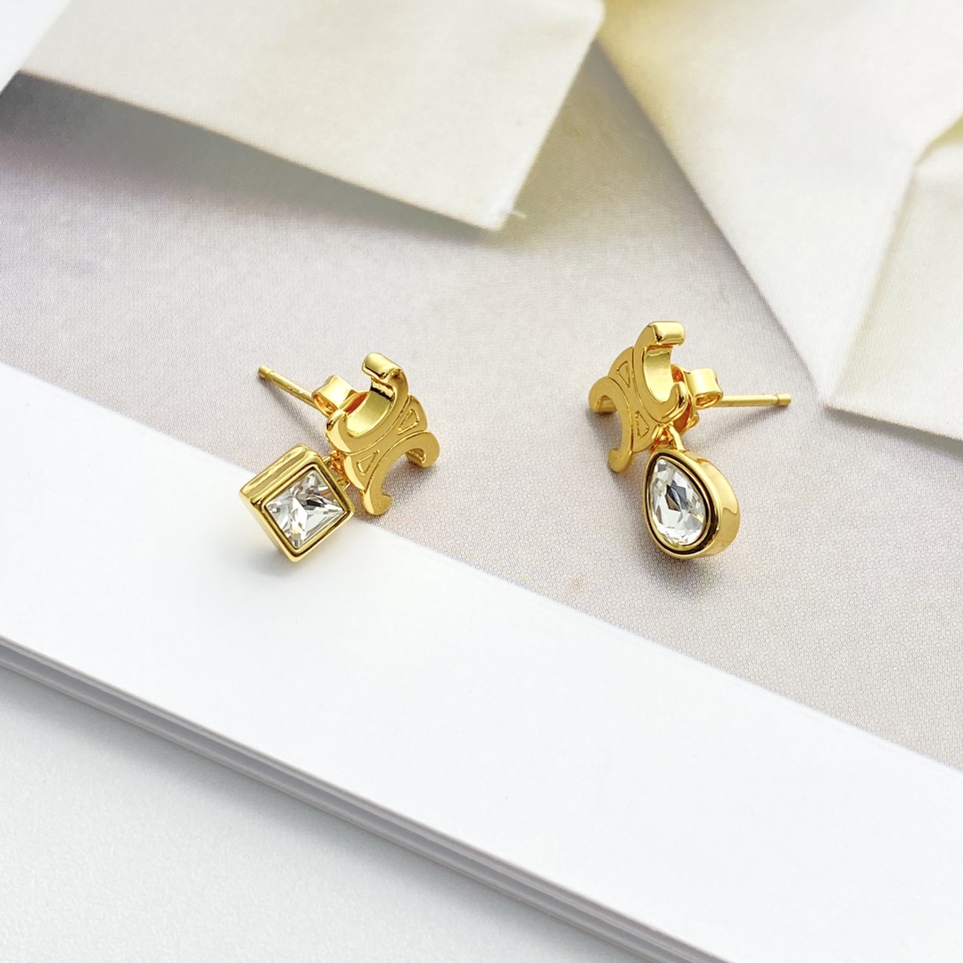 Celine Triomphe Asymmetric Crystal Stud Earrings earrings Gold-tone metal with clear faceted crystals One Size 1cm stud width