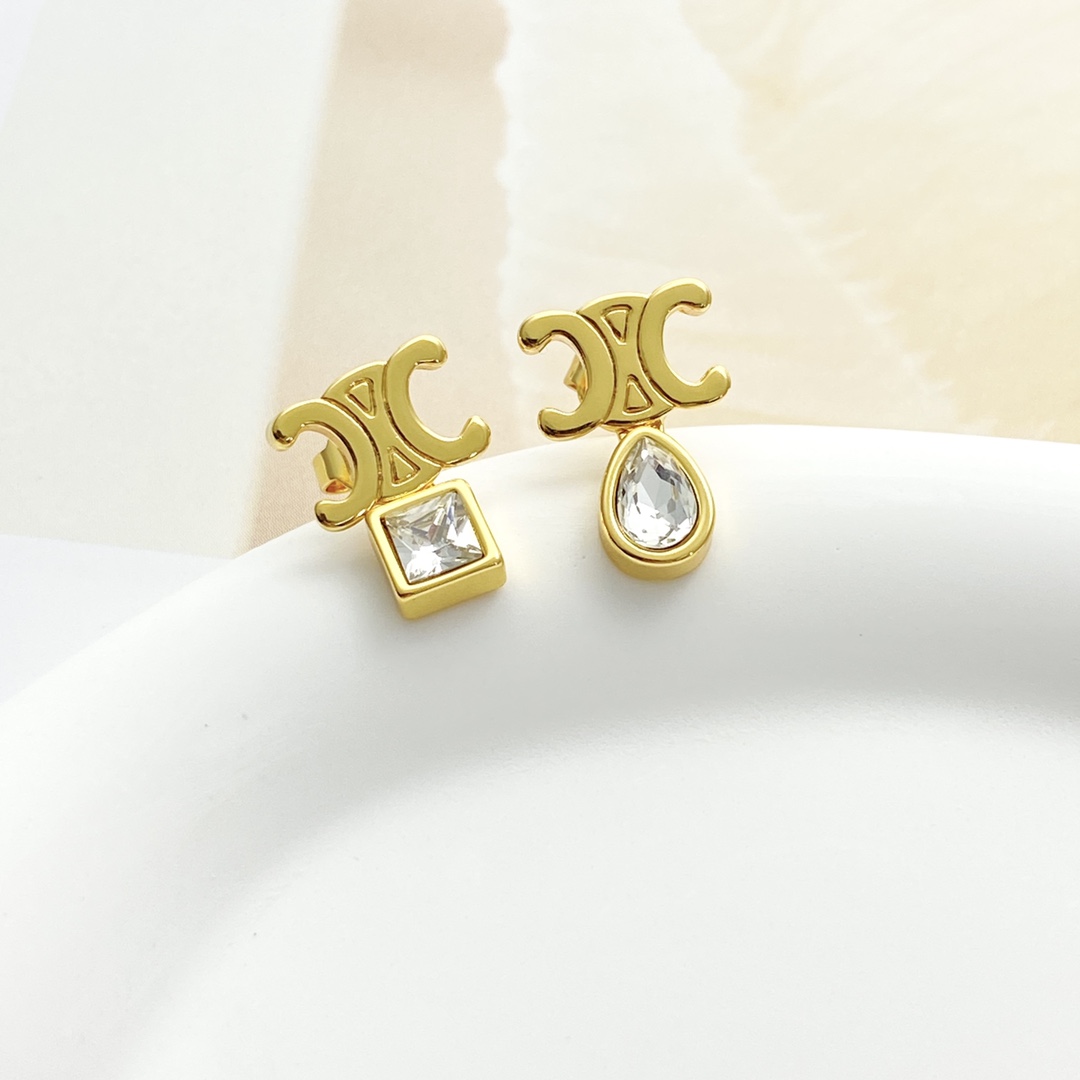 Celine Triomphe Asymmetric Crystal Stud Earrings earrings Gold-tone metal with clear faceted crystals One Size 1cm stud width