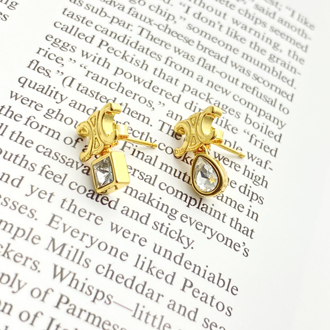 Celine Triomphe Asymmetric Crystal Stud Earrings earrings Gold-tone metal with clear faceted crystals One Size 1cm stud width