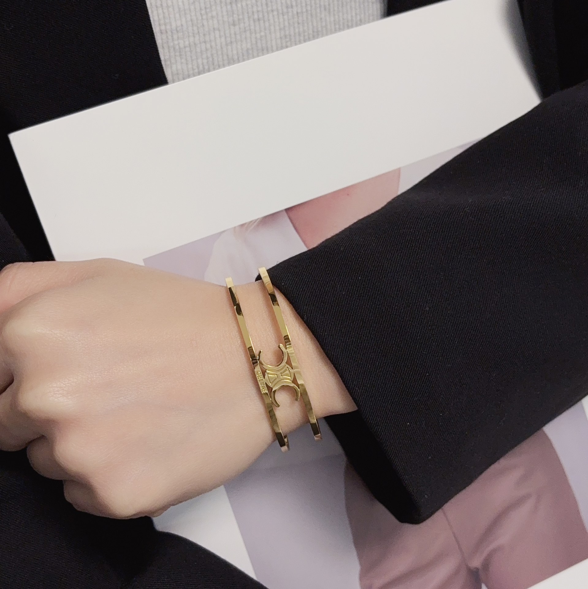 Celine Triomphe Open Cuff bracelet gold-tone metal no accent stones adjustable open cuff fits 15-18cm wrist circumference