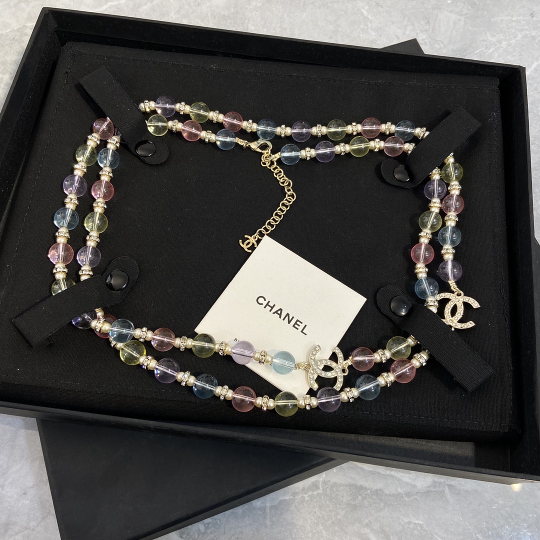 Chanel CC Logo Pastel Bead Bijoux Fantaisie necklace Gold-tone metal multicolor pastel transparent resin beads cream faux pearl clear crystal 42cm with 5cm extender chain